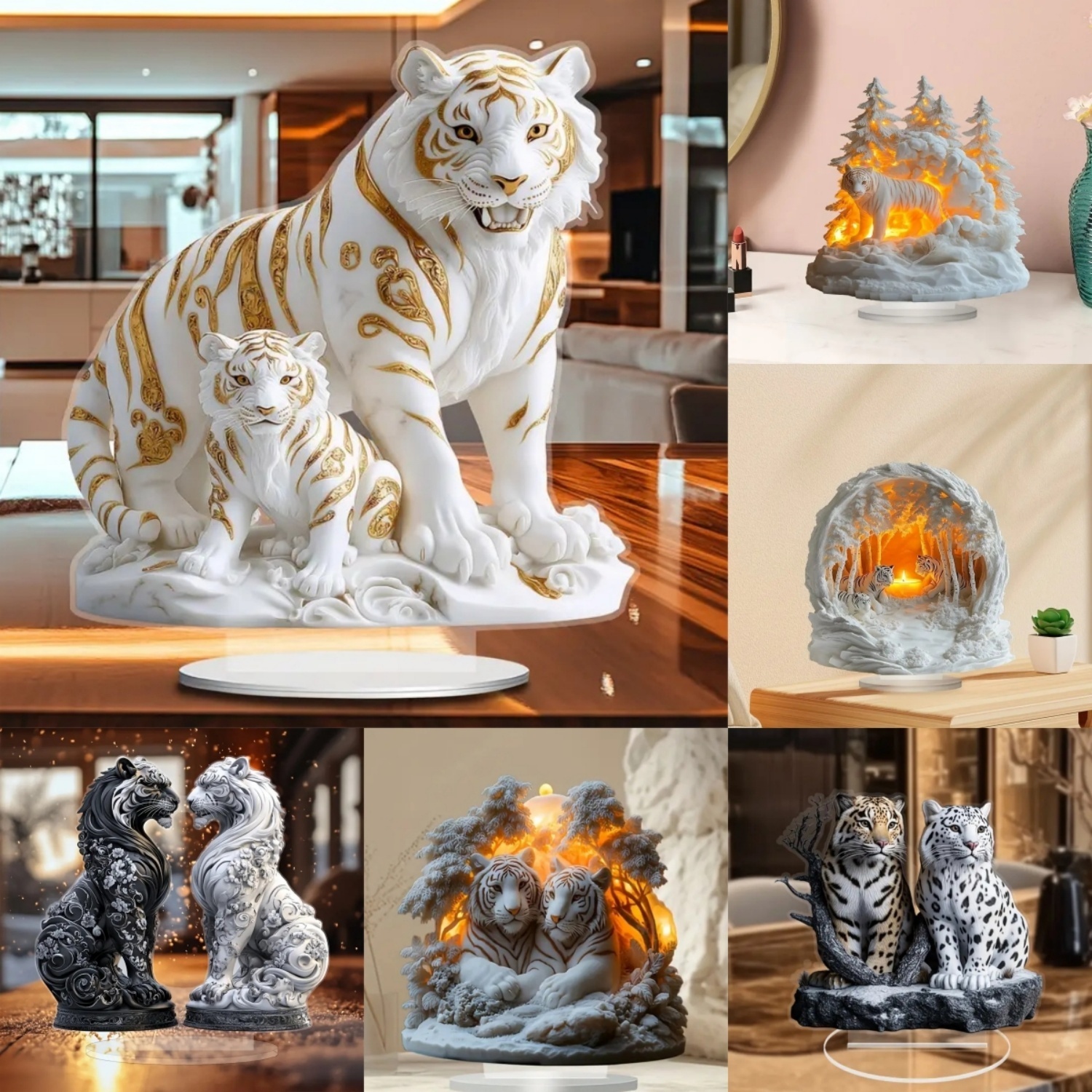 Desk Setup Equipment - Two Tigers Statue,2D Flat Animals Acrylic