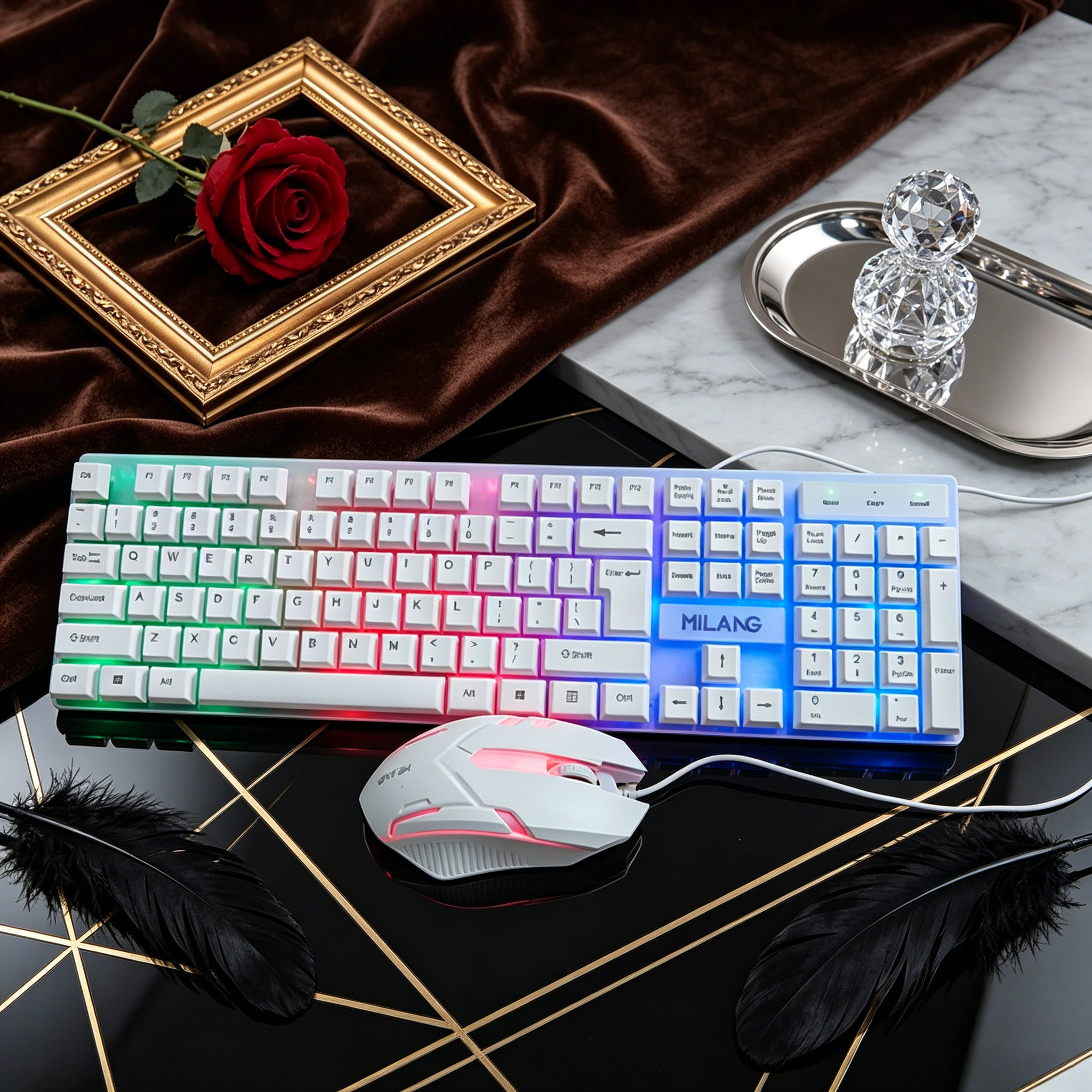 Desk Setup Designer - Wired RGB Backlit Keyboard Mouse Set,Ergonomic