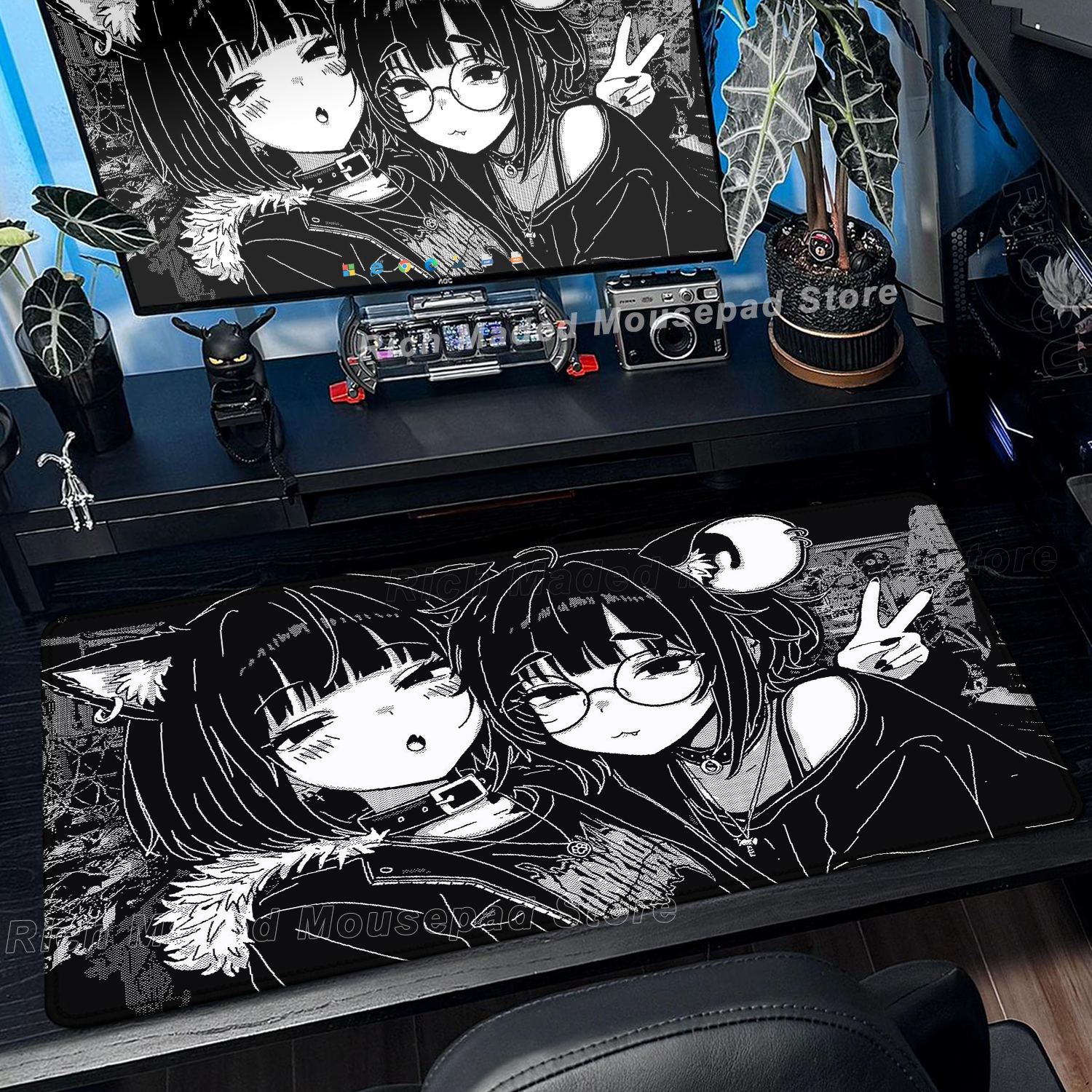 Desk Setup Anime - Black White Anime Girl Mouse Pad