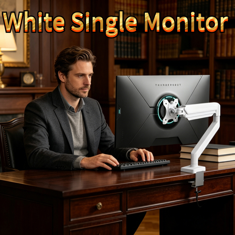 Desk Setup Monitor Arm - Height Adjustable White Single Monitor Arm,